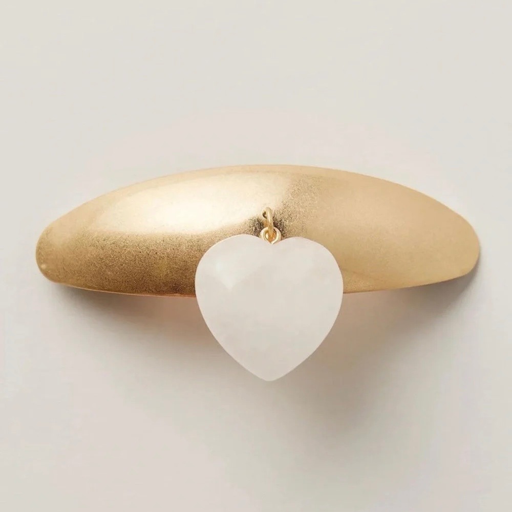 Free People Gold Heart Dangle Hair Barrette 14k Gold Plated White Charm Clip